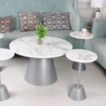 طقم طاولات ضيافة 5 قطع لون فضي سطح خشب شبيه الرخام