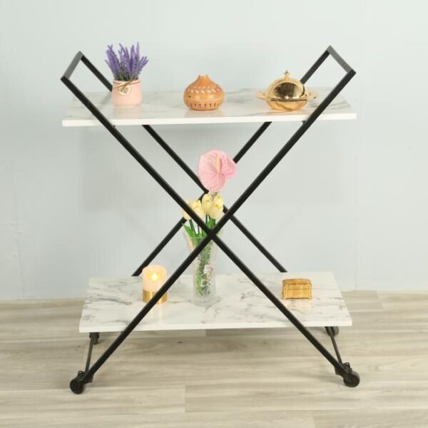 عربه تقديم شكل اكس  سطح خشب ابيض  شبيه بالرخام عرض