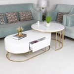 طقم طاولتين ذهبي سطح خشب متداخلة مع درج لون أبيض