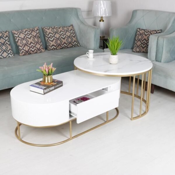 طقم طاولتين ذهبي سطح خشب متداخلة مع درج لون أبيض