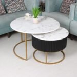 طقم طاولتين تقديم لون أسود وذهبي والسطح خشب أبيض