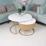 طقم طاولتين لون ذهبي سطح خشب لون أبيض شبيه الرخام