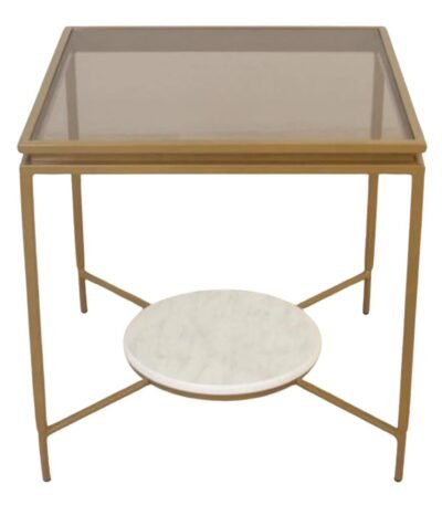 طاولة خدمة وجانبية القاعدة حديد لون ذهبي السطح زجاج وخشب