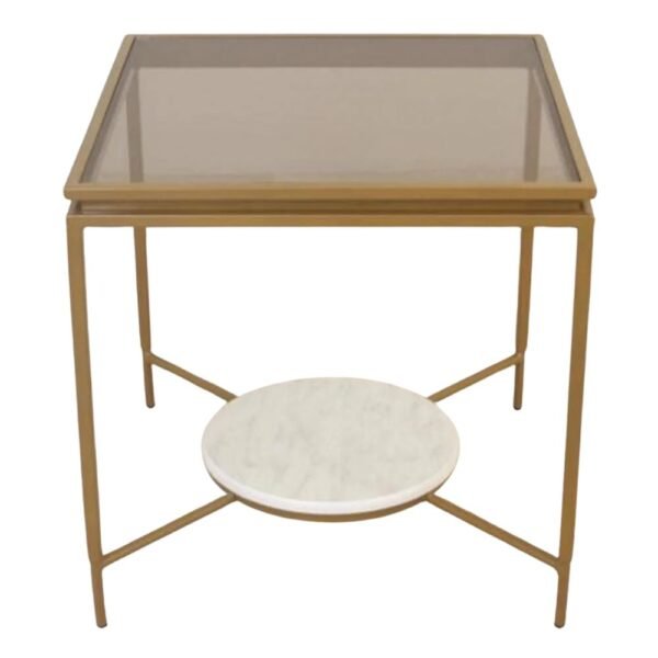 طاولة خدمة وجانبية القاعدة حديد لون ذهبي السطح زجاج وخشب
