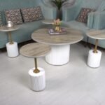 طقم طاولات ضيافة 5 قطع دائرية لون ابيض وسطح خشب