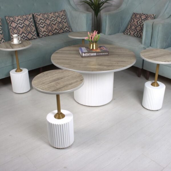 طقم طاولات ضيافة 5 قطع دائرية لون ابيض وسطح خشب