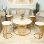 طاولة منزلية حديد بتقنية الليزر وسطح خشب شبيه  الرخام