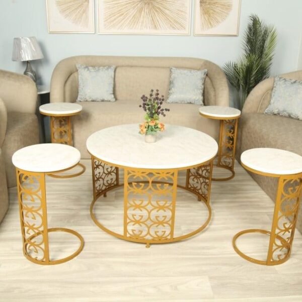 طاولة منزلية حديد بتقنية الليزر وسطح خشب شبيه  الرخام