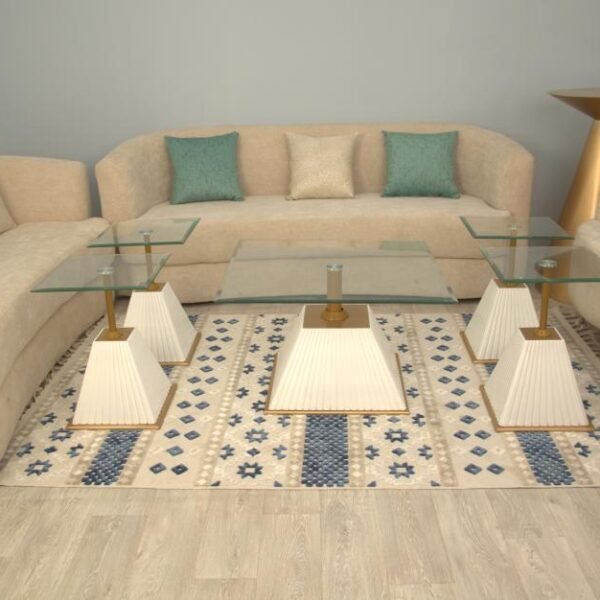 طقم طاولة تقديم طعام مع 4 طاولات خدمة القاعدة ديكور خشب أبيض والسطح زجاج شفاف