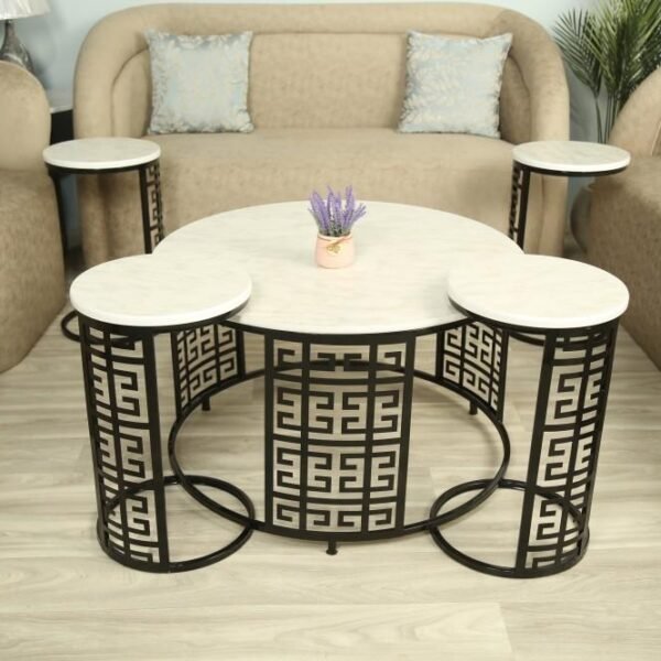 طاولة منزلية معدنية بتقنية الليزر وسطح بديكور الرخام