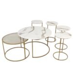 طقم طاولتين تقديم طعام مع 4 طاولات خدمة القاعدة حديد لون ذهبي والسطح خشب و زجاج