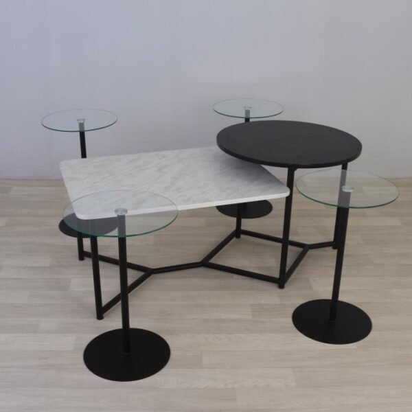 طقم طاولة متداخلة مع 4 طاولات خدمة لون أسود سطح زجاج شفاف