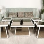 طقم طاولة ضيافة مودرن مع 4 طاولات خدمة مكون من الخشب والزجاج