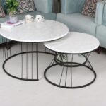 طقم طاولات أسود قطعتين سطح أبيض بديل الرخام