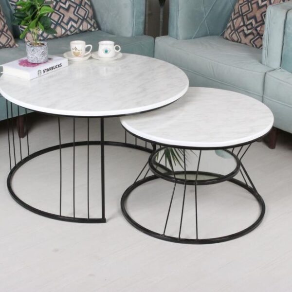 طقم طاولات أسود قطعتين سطح أبيض بديل الرخام