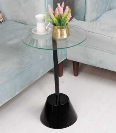 طاولة خدمة سطح زجاج شفاف وقاعدة حديد لون أسود