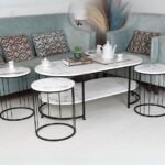 طقم طاولة شكل بيضاوي مع 4 طاولات خدمة السطح خشب شبيه الرخام القاعدة حديد لون أسود