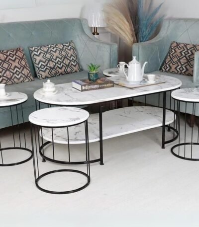 طقم طاولة شكل بيضاوي مع 4 طاولات خدمة السطح خشب شبيه الرخام القاعدة حديد لون أسود