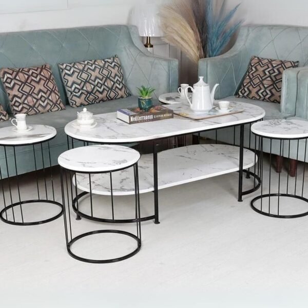 طقم طاولة شكل بيضاوي مع 4 طاولات خدمة السطح خشب شبيه الرخام القاعدة حديد لون أسود