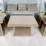 طقم طاولة حديثة مع 4 طاولات خدمة مكونة الخشب والزجاج