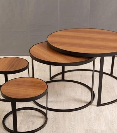 طقم طاولة تقديم قاعدة حديد والسطح خشب 4 حبة طقم