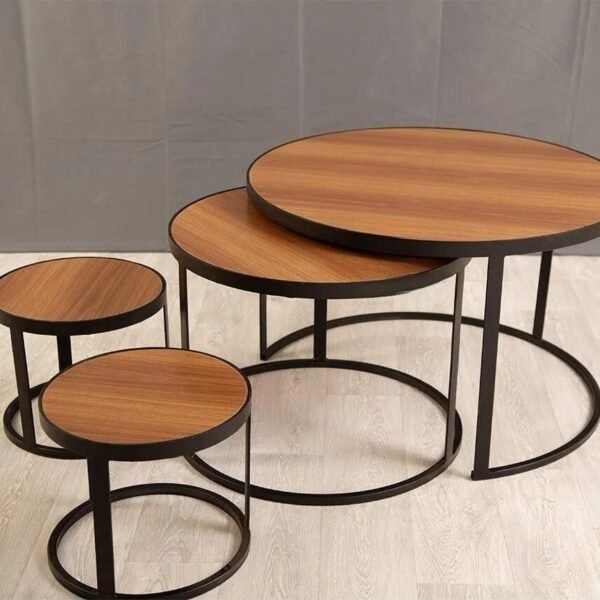 طقم طاولة تقديم قاعدة حديد والسطح خشب 4 حبة طقم