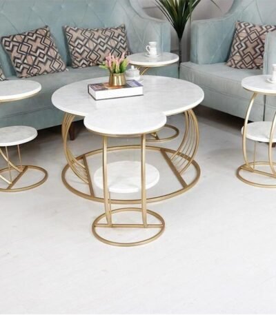 طقم طاولة تقديم لون ذهبي سطح خشب مع 4 طاولات خدمة