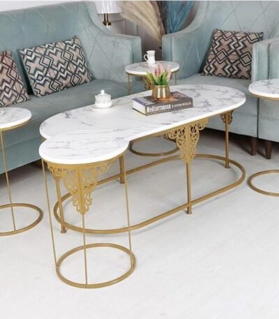 طقم طاولة 5 قطع لون ذهبي سطح خشب شبيه الرخام