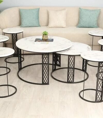 طقم طاولات حديد مع سطح خشب شبيه رخام