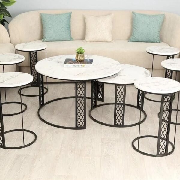 طقم طاولات حديد مع سطح خشب شبيه رخام