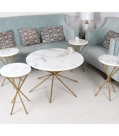 طقم طاولات تقديم 5 قطع سطح خشب لون أبيض