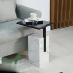 طاولة خدمة قاعدة بديل رخام أبيض وسطح زجاجي أسود - 40 * 30 * 55 سم