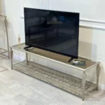 طاولة تلفزيون حديد سطح زجاج مع رف حديد نقشة ليزر