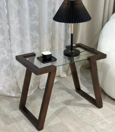 طاولة خدمة خشب سطح زجاج شفاف