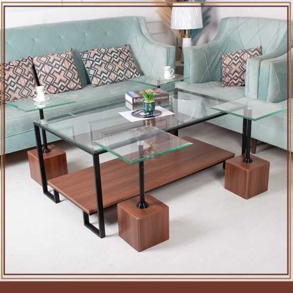 طقم طاولة سطح زجاج مع 4 طاولات خدمة لون بني وقواعد خشب وحديد